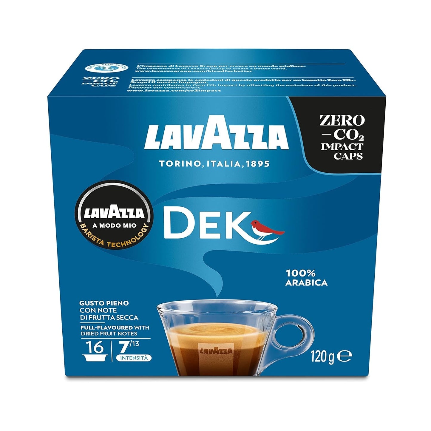 Lavazza A Modo Mio Dek Cremoso, 256 kapsułek kawy, do espresso bezkofeinowego z aromatycznymi nutami migdałów i canditis, 100% Arabica, intensywność 7/13, średnio palona, ​​16 opakowań