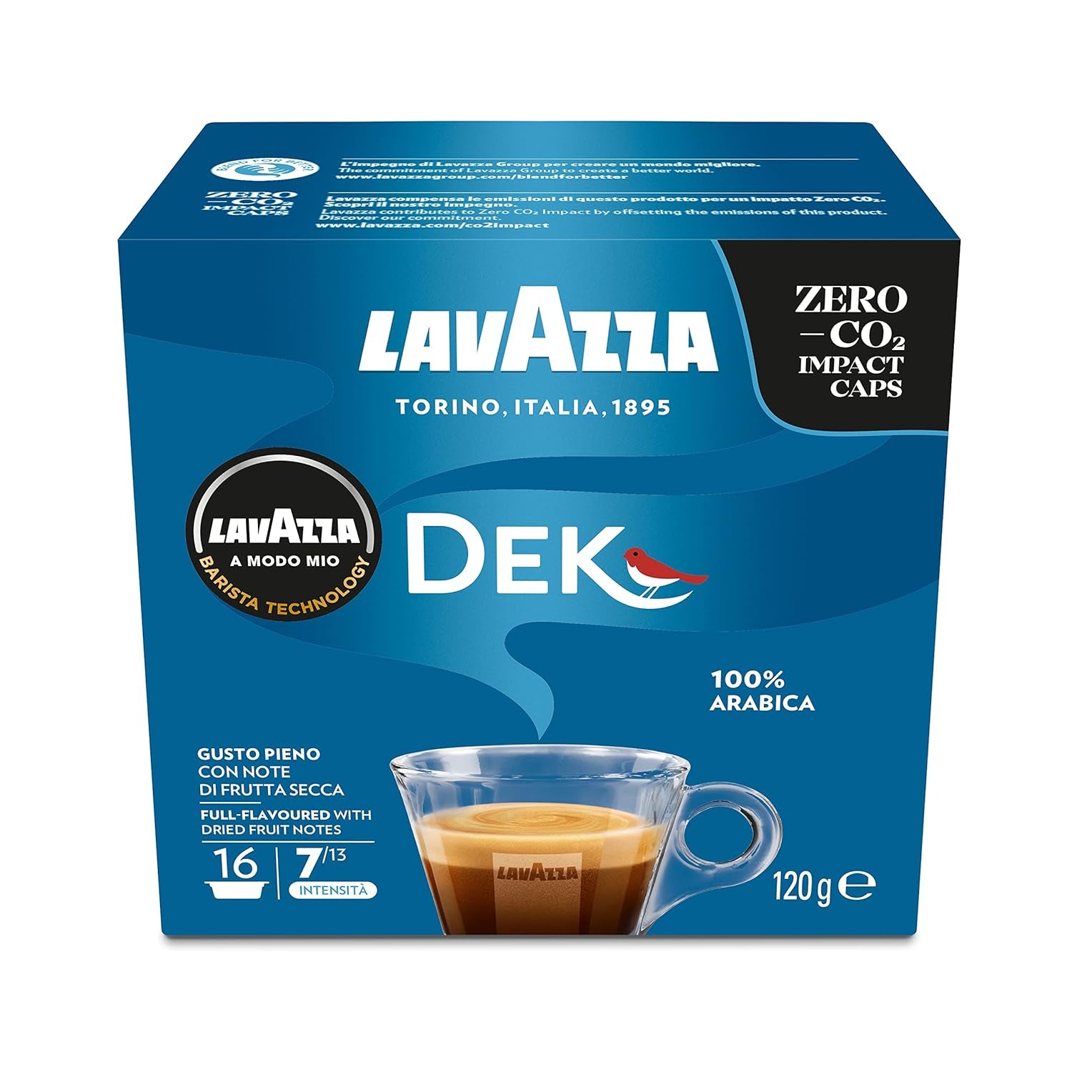 Lavazza A Modo Mio Dek Cremoso, 256 kapsułek kawy, do espresso bezkofeinowego z aromatycznymi nutami migdałów i canditis, 100% Arabica, intensywność 7/13, średnio palona, ​​16 opakowań