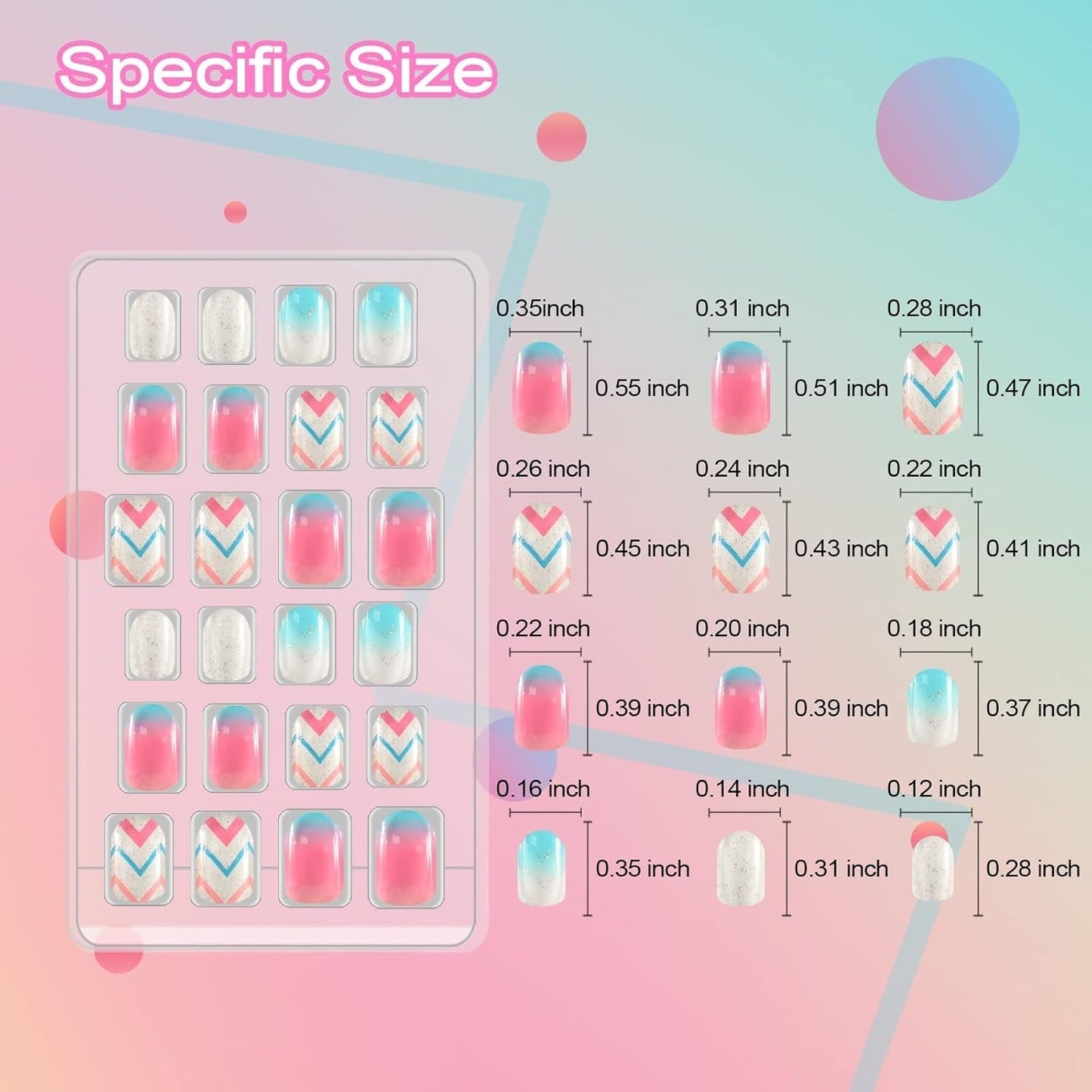 72 szt. Wstępnie klejone paznokcie dla dzieci Pełna okładka Brokat Gradient kolorów Kokarda Krótkie sztuczne paznokcie Świetny prezent dla dzieci Dziewczyny Nail Art - Tęczowy brokat