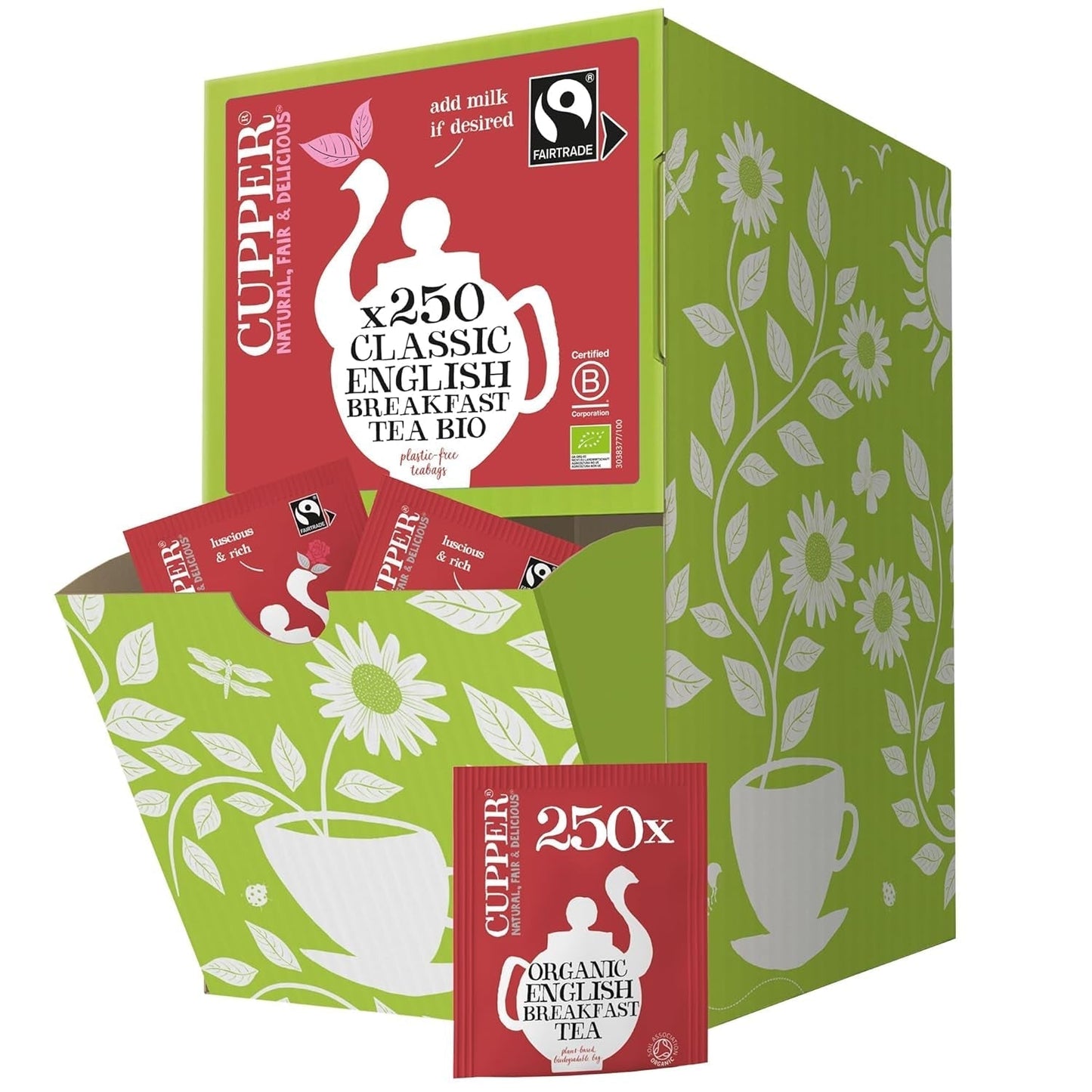 Cupper Organiczna herbata owocowa Żurawina Malina | Herbata malinowa | 250 niebielonych torebek herbaty | Duża paczka | Idealny do biura | Ekologiczne | Sprawiedliwy handel