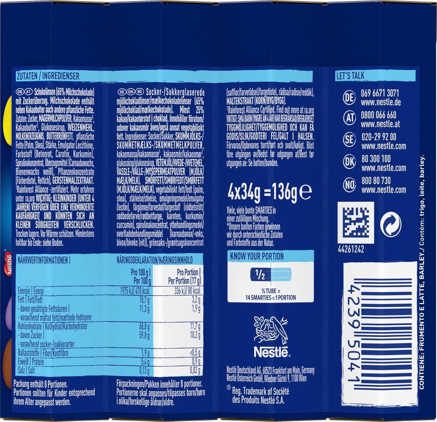 Opakowanie zbiorcze Nestlé SMARTIES, mała bułka, soczewica w kolorze czekoladowym, idealna na urodziny dzieci, naturalne kolory, sześciokątna bułka, opakowanie 12 szt. (12x (4 x 34g))