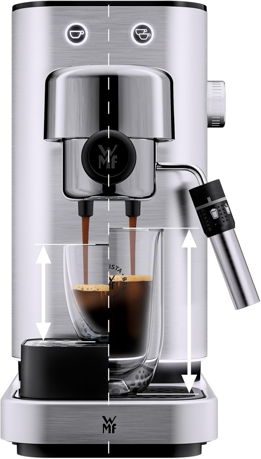 Ekspres do kawy WMF Lumero, kolba, 1400 watów, kolba, 3 wkładki, na 1-2 filiżanki espresso, w tym na kapsułki, 15 barów, uchwyt na kubek, spieniacz do mleka, stal nierdzewna matowa