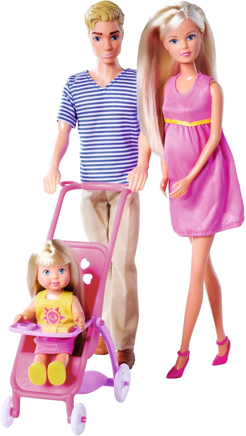 Simba 105733673 - Steffi Love Happy Family, lalka w ciąży, Kevin, Evi i dziecko z wózkiem, 11 sztuk, akcesoria, 30 cm, wiek 3+