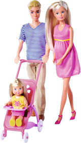 Simba 105733673 - Steffi Love Happy Family, lalka w ciąży, Kevin, Evi i dziecko z wózkiem, 11 sztuk, akcesoria, 30 cm, wiek 3+