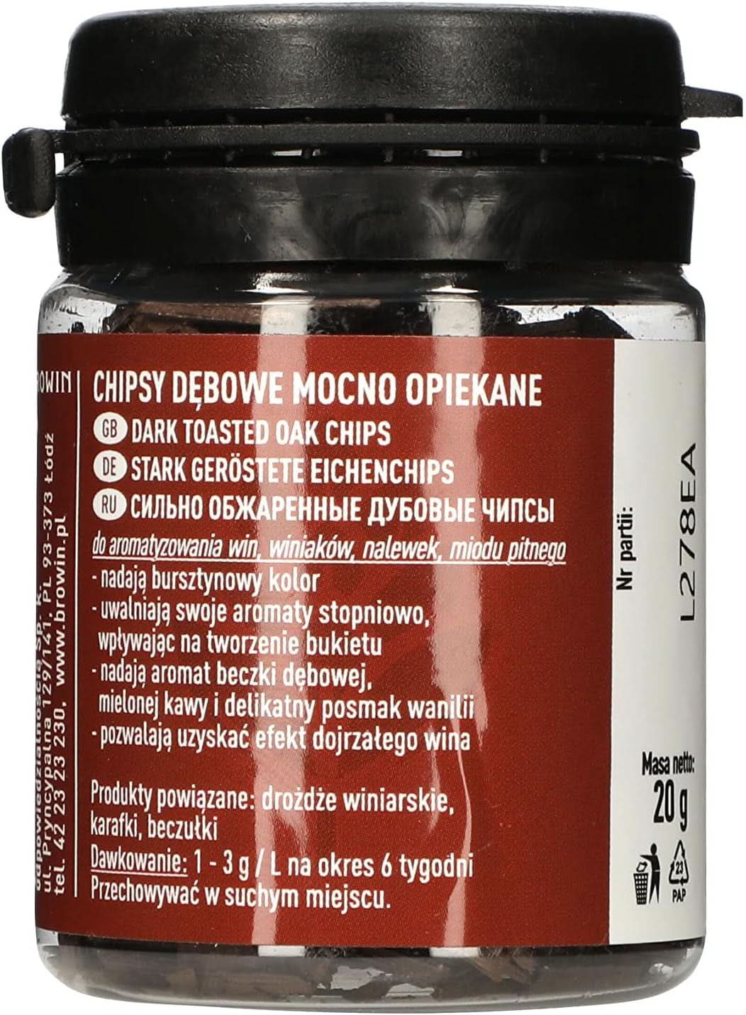 Browin Chipsy Dębowe Mocno Palone 20g - Płatki, Drobne Pałeczki Dębowe do Aromatyzowania Alkoholu, Brown Naty Shop Aromaty 20g Mocno Palone - Płatki