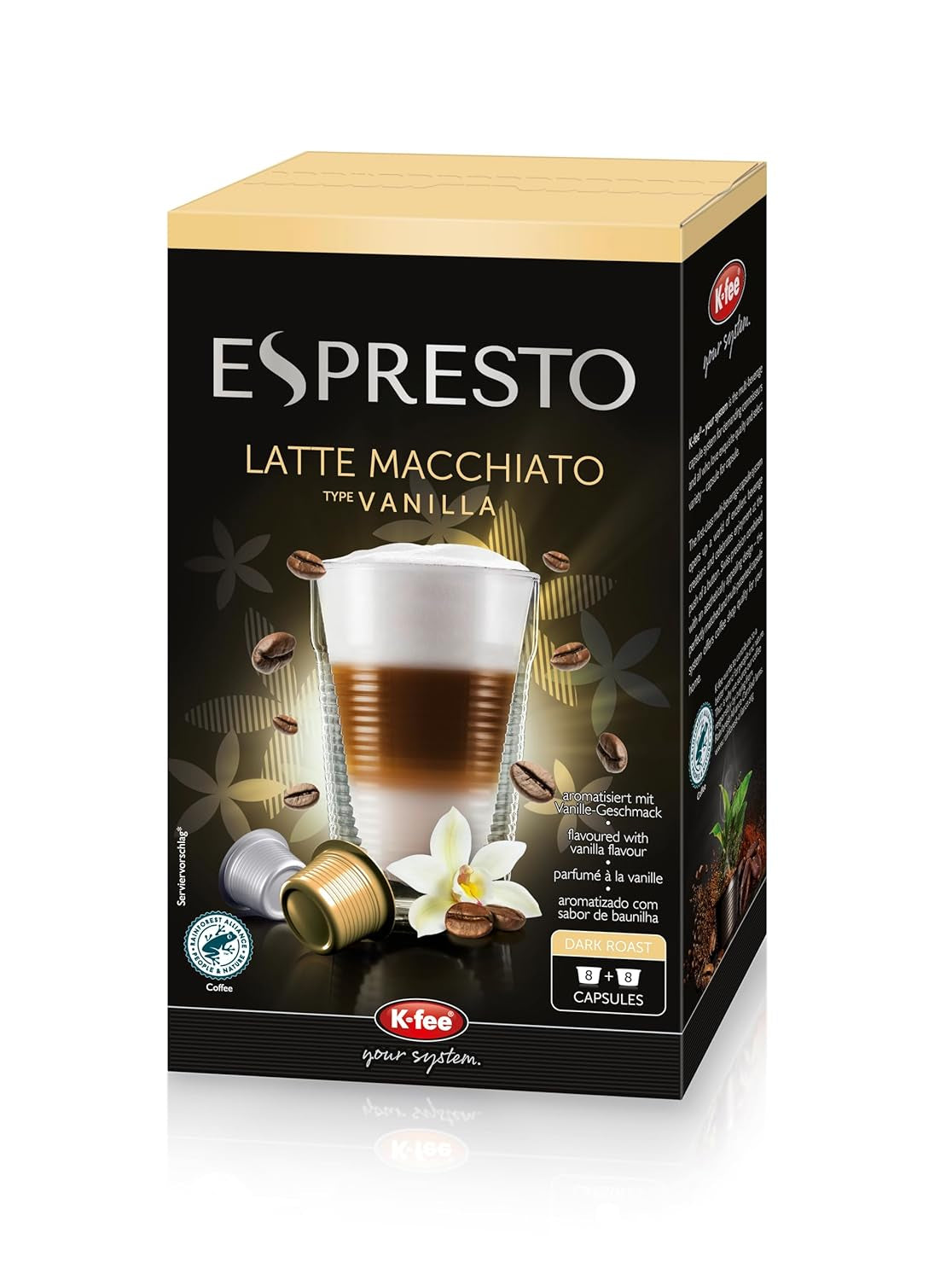 ESPRESTO Latte Macchiato Typ Waniliowy, kompatybilny z K-fee i ALDI EXPRESSI*, certyfikat RFA, słodki i harmonijny, 48 kapsułek z kawą i 48 kapsułek z mlekiem