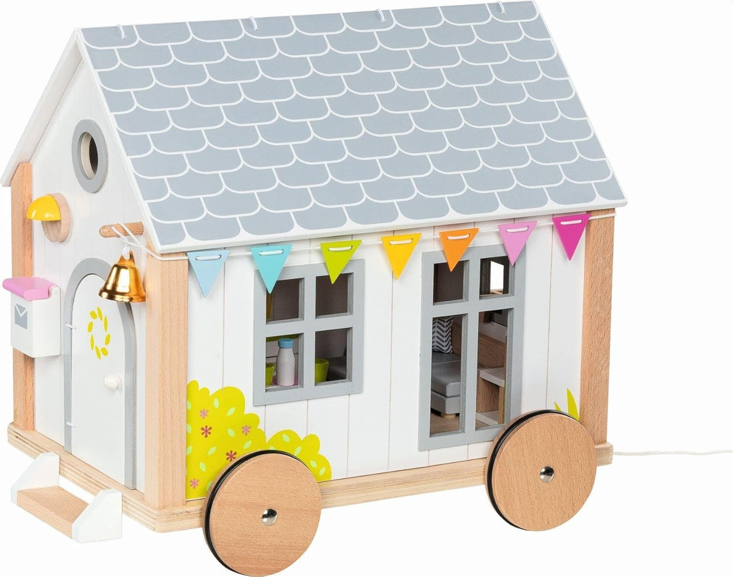 Goki 51477 - Mały domek dla lalek Hygge z drewna i tekstyliów dla mini lalek, ruchomy domek dla lalek w stylu skandynawskim, 38 cm x 27 cm x 33 cm, zestaw 40 sztuk, domki dla lalek w wieku 3+ Naty Shop