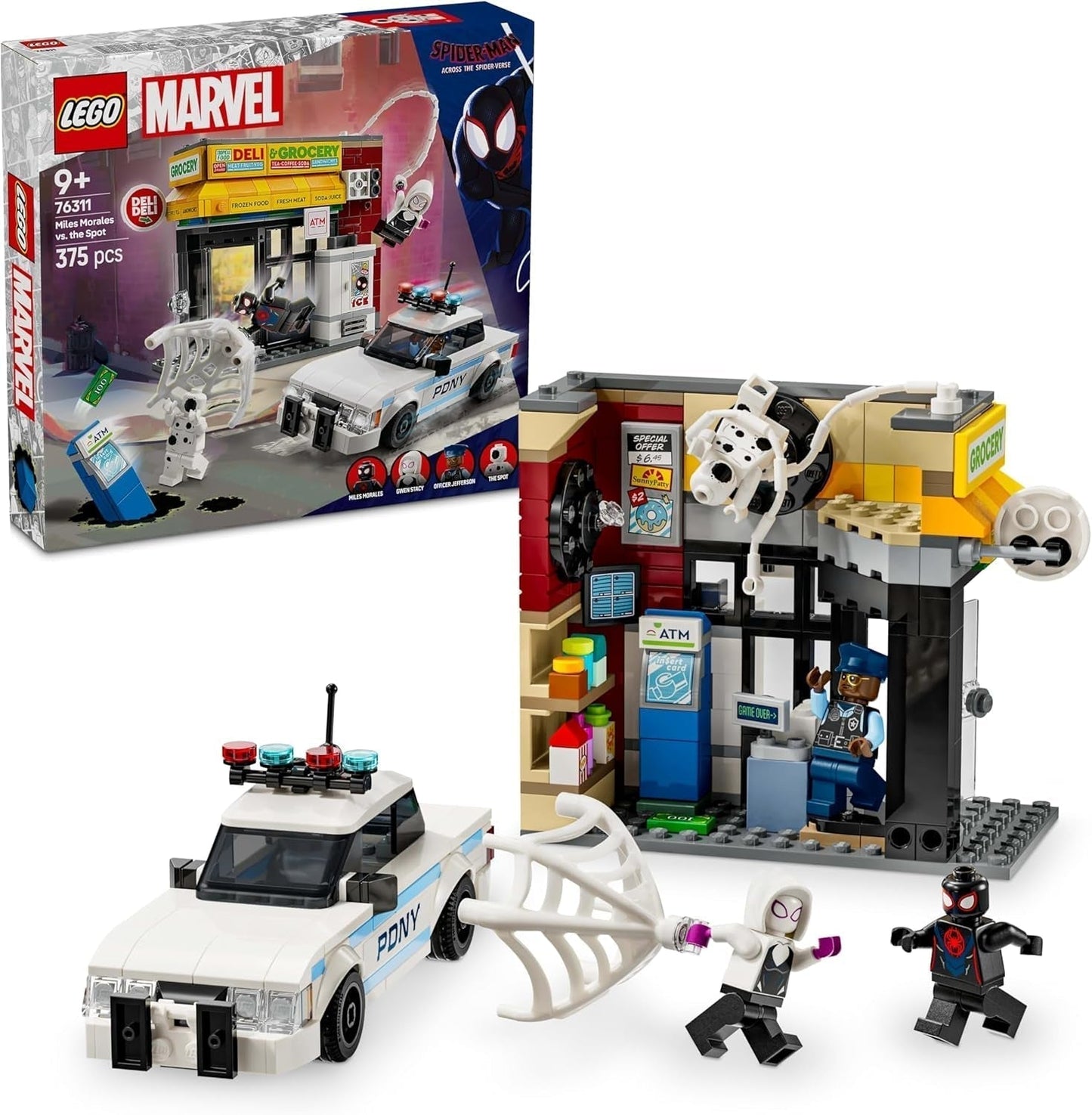 LEGO Marvel Spider-Verse: Miles Morales kontra. Spot — zestaw superbohaterów z samochodzikiem — 4 minifigurki i minimarket — prezent dla chłopców i dziewcząt w wieku od 9 lat 76311 Zestawy do budowania Besuche den LEGO-Store Default Title
