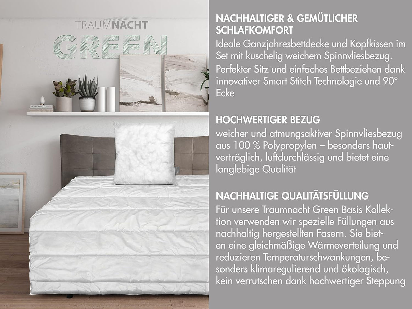 Podstawowy zestaw pościelowy Traumnacht Green składający się z kołdry na cały rok 135 x 200 cm + poduszki 80 x 80 cm, posiada certyfikat Oeko-Tex, wyprodukowany zgodnie z niemieckimi standardami jakości. Kołdry i kołdry Naty Shop