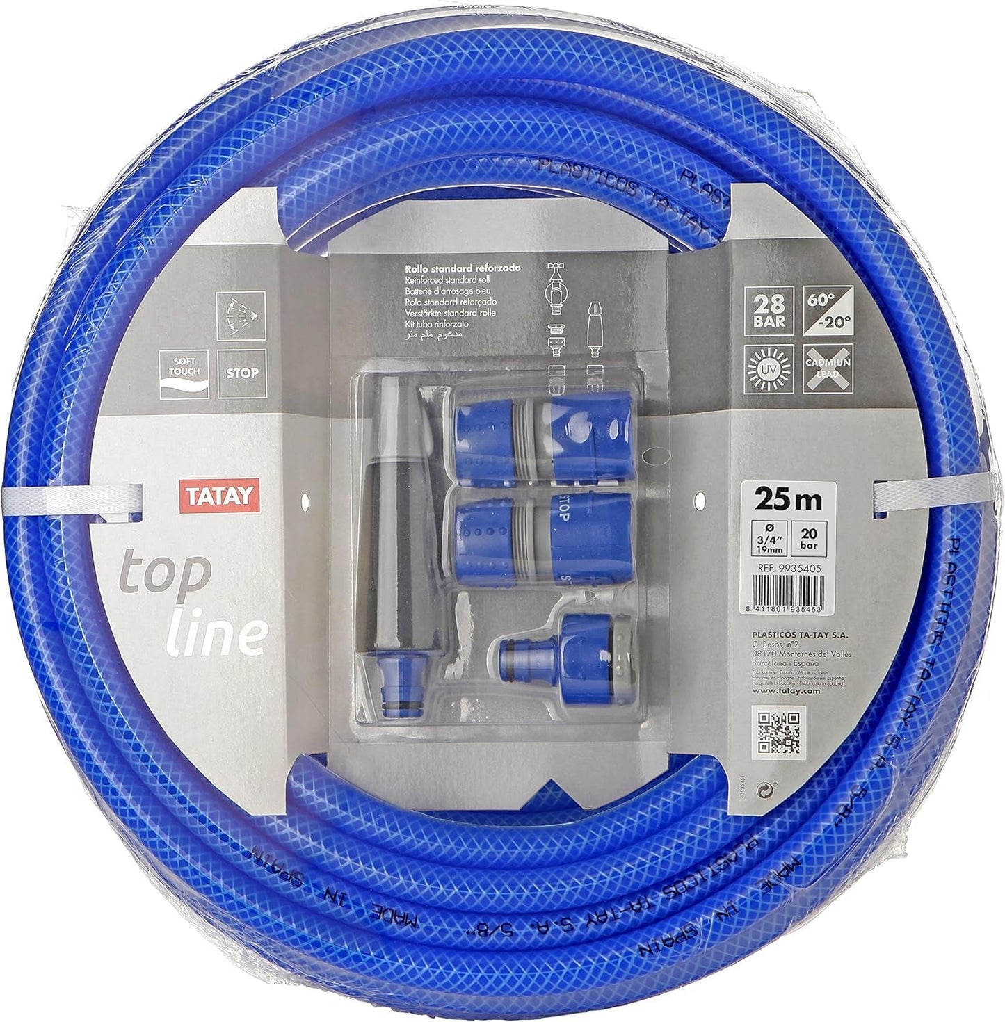 Zestaw węży ogrodowych TATAY Blue Line 25 metrów Ø3/4" 19mm, 3 warstwy, wyprodukowany w Hiszpanii, odporność na 20 bar i +60°/-20°, w oplocie, bez kadmu i ołowiu, bez BPA, anty-UV. Kolor niebieski.