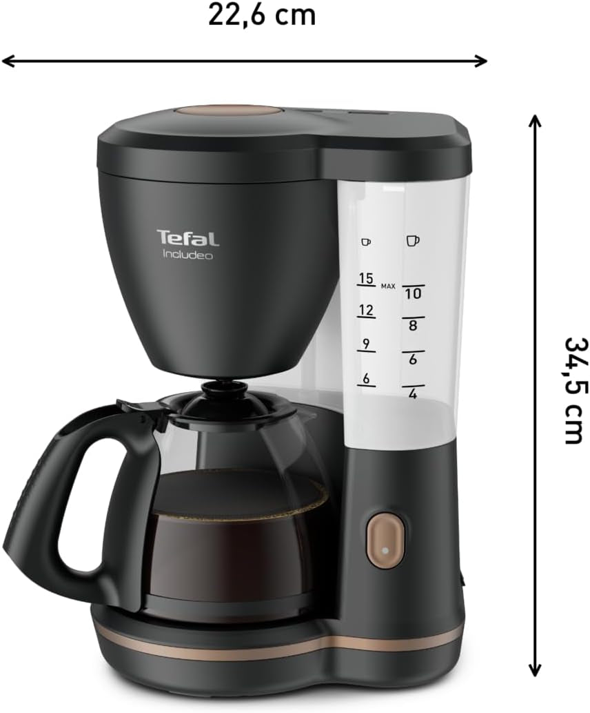 Ekspres do kawy Tefal Includeo z filtrem, Ekspres do kawy Niezwykle łatwy w obsłudze, Odpowiedni dla osób prawo- i leworęcznych, Automatyczne otwieranie pokrywy, 1,25 l, 10 do 15 filiżanek, CM533811