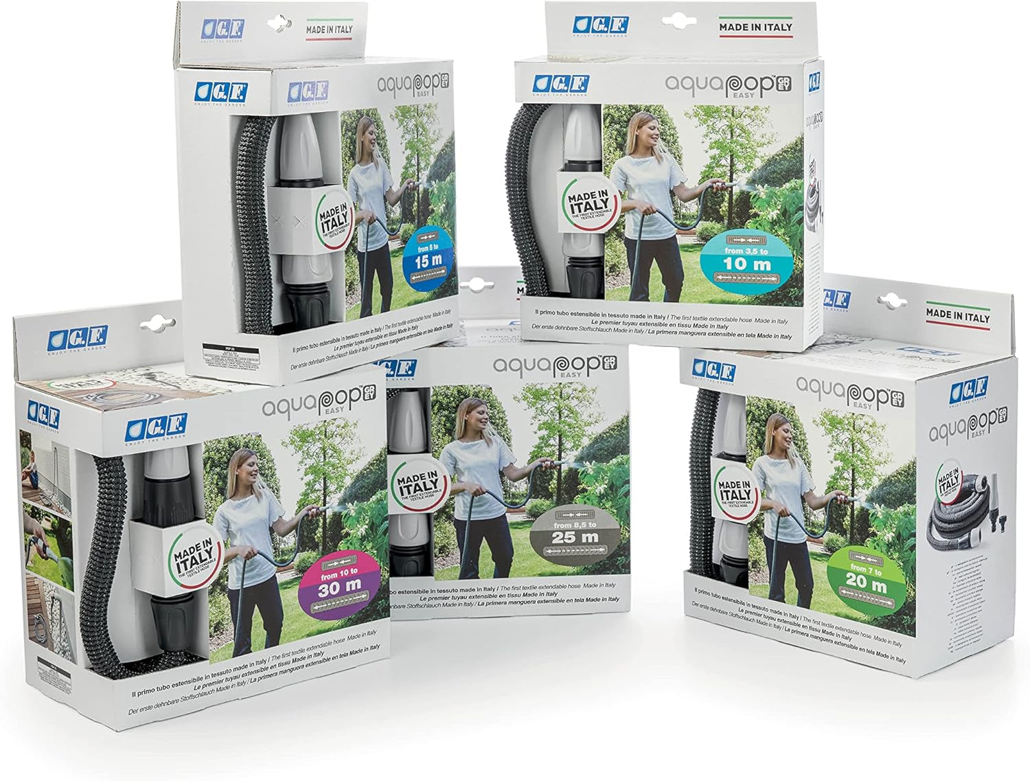GF SRL, Aquapop Grey Easy 10, samorozciągający się wąż w oplocie o długości 10 metrów, wyprodukowany we Włoszech, z mini opryskiwaczem ogrodowym i złączami do nawadniania ogrodu, kolor ciemnoszary