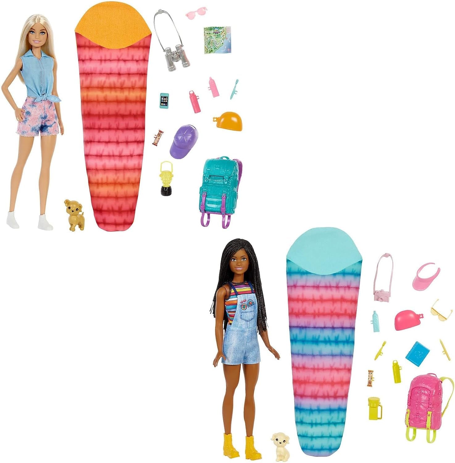 Podwójna lalka Barbie HDF74! Brooklyn Camping Doll (Brunetka z plecionymi warkoczami, ok. 29 cm) ze szczeniakiem, plecakiem, śpiworem, 10 akcesoriami kempingowymi, prezentem dla dzieci w wieku 3 lat i starszych