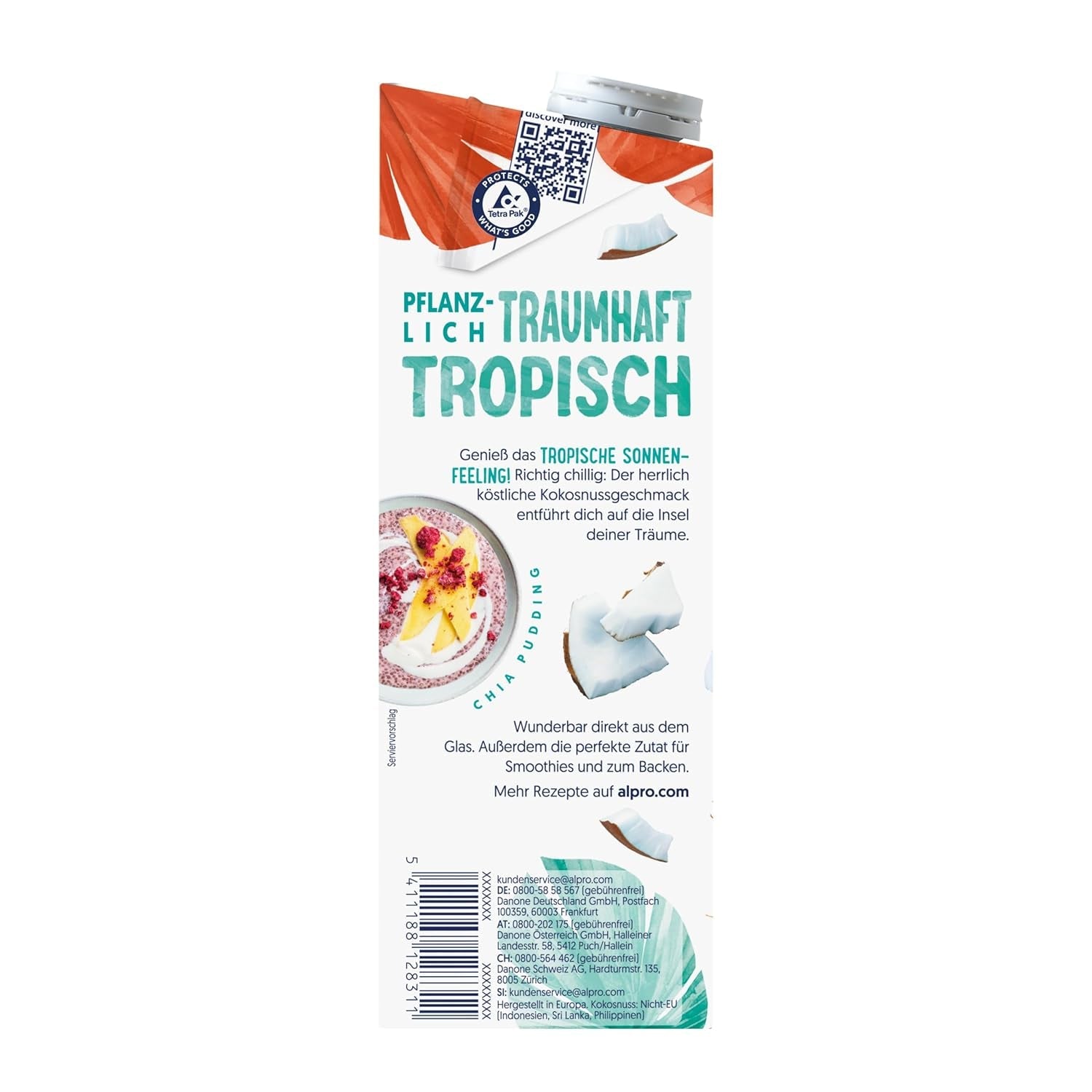 Alpro Kokosnussdrink ohne Zucker – Ohne Süßstoffe – Vegan und milchfrei – Von Natur aus lactosefrei und fettarm – Bogaty w wapń i witaminy – 8 x 1 L