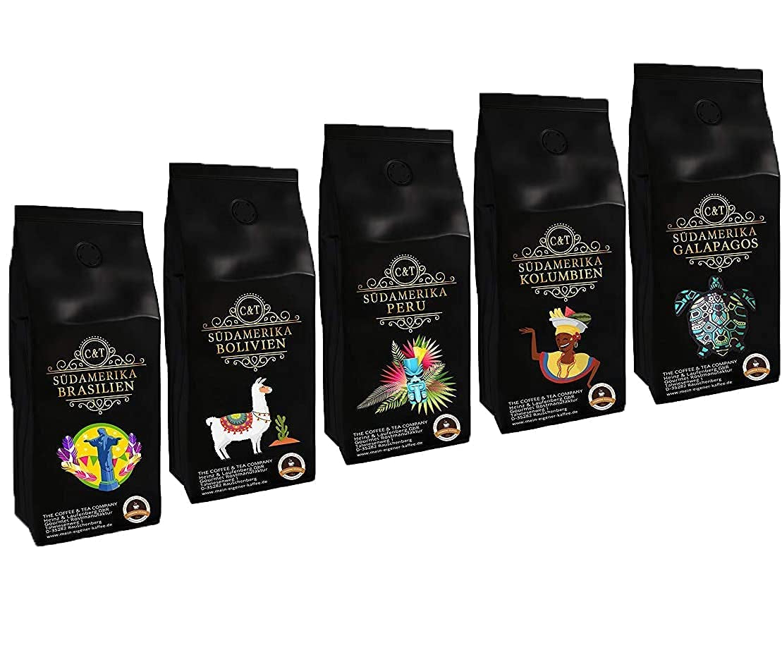 Zestaw do kawy Länder „Südamerika”, Kaffeebohnen frisch geröstet 5 x 500 g ganze Bohne