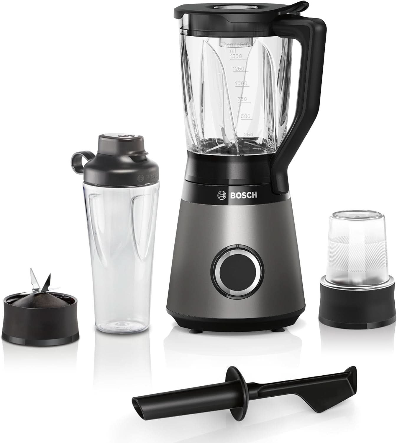 Mikser stojący Bosch Vitapower Serie 4 MMB6177S, Edelstahl-Klingen Made in Germany, 1,5 l Thermosafe Glasbehälter, 0,6 l To-Go-Flasche, Stopfer, Universalzerkleinerer, 30 000 U/Min, 1200 W, Silver Kitchen Naty Shop