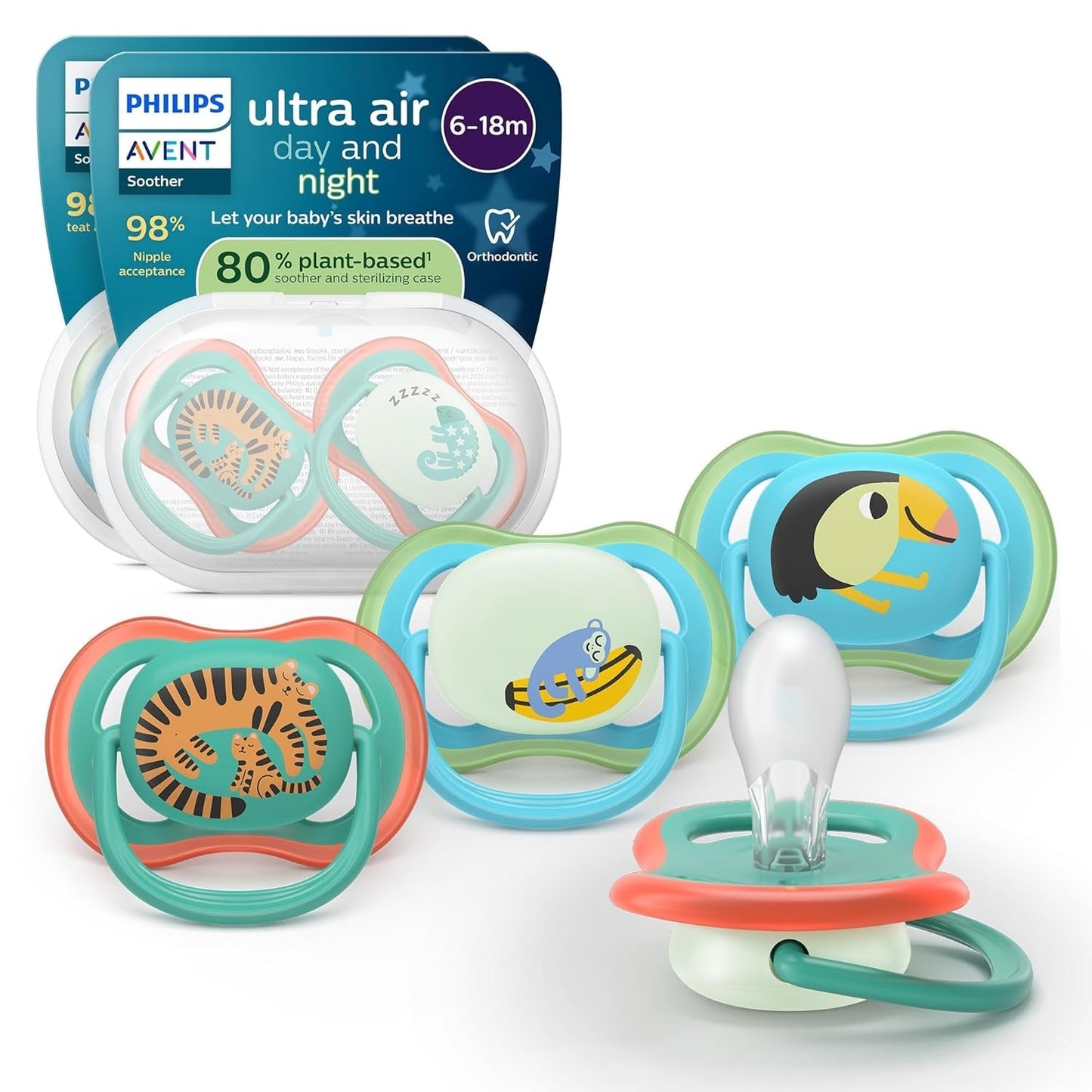 Smoczki Philips AVENT ultra air — zestaw 4 oddychających smoczków niezawierających BPA dla dzieci w wieku 6–18 miesięcy, w tym etui do przenoszenia i sterylizacja, wzór żółwia/wieloryba (model SCF085/66)