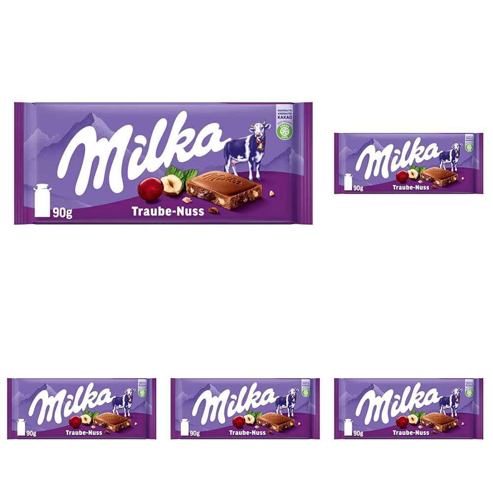 Milka Winogrona i Orzechy Laskowe – Alpejska czekolada mleczna z kawałkami orzechów laskowych i rodzynkami – 90g