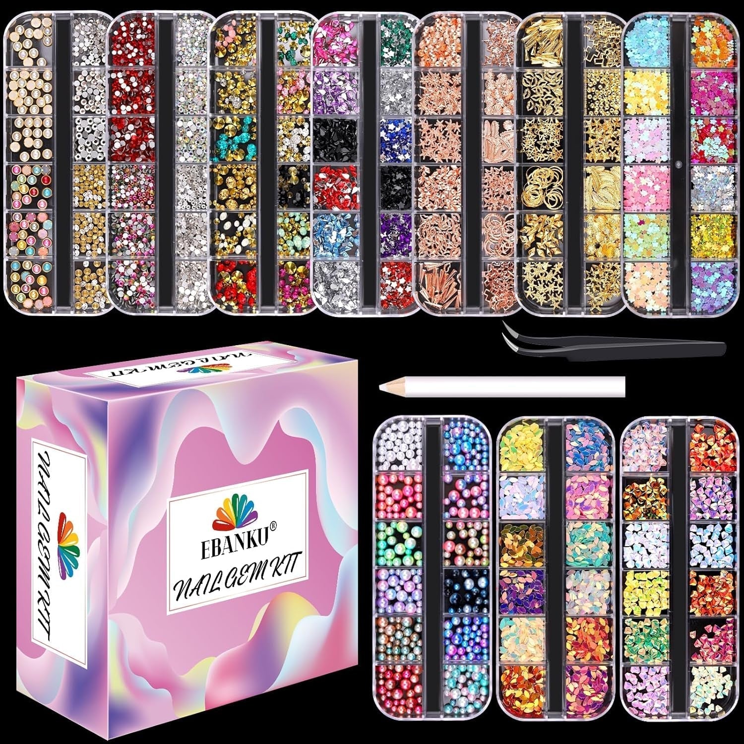 EBANKU Nail Art Strass Kit Multi Design Zubehör Mit 1 Pinzetten 1 Stück Wachsstifte Deko Diamanten Kristalle Perlen Edelsteine ​​​​Bunt Pferdeaugen Strass Metall Nieten Für Nagel DIY (1 Stück (opakowanie 10Er))