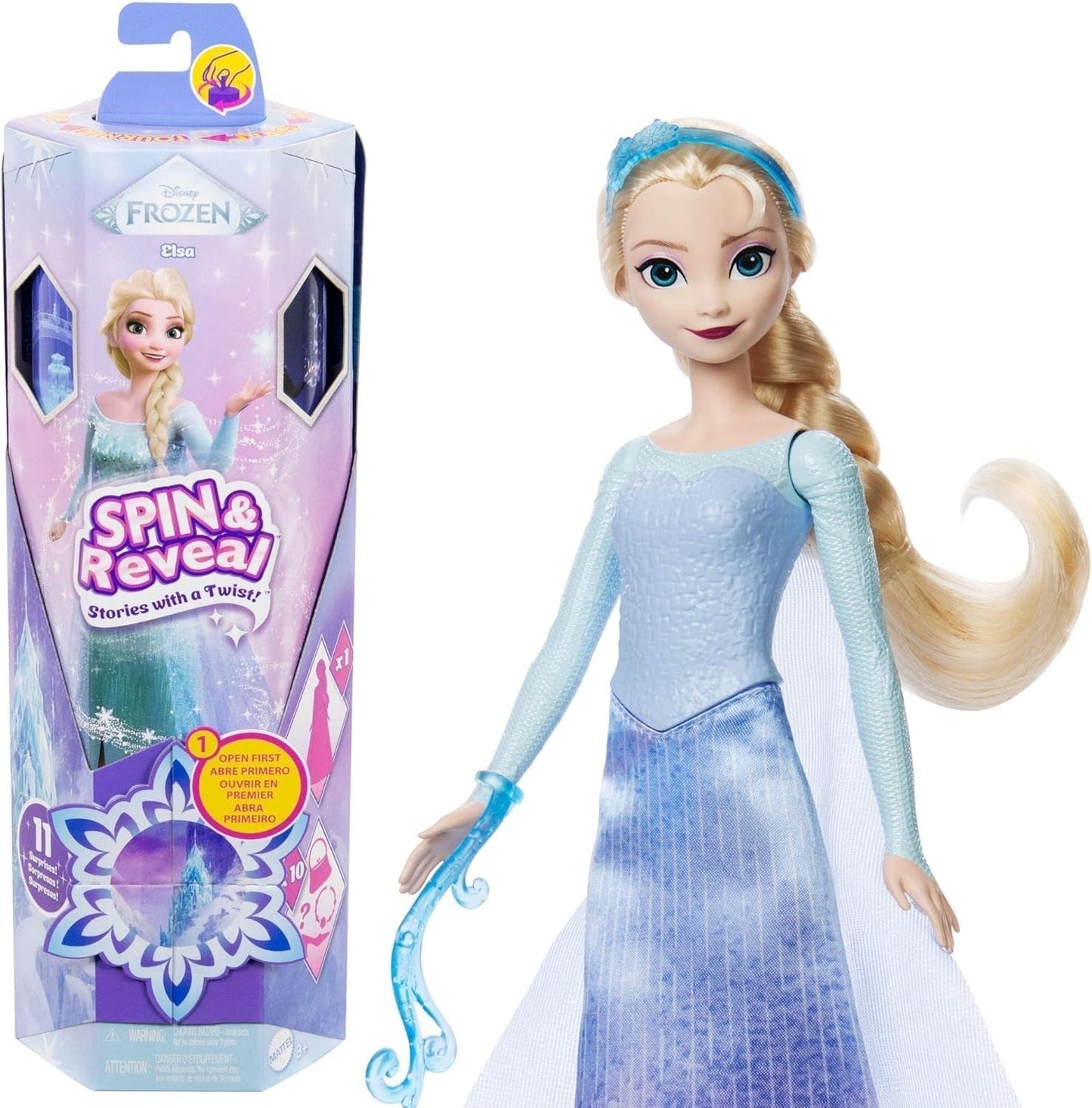 Mattel Disney Zestaw lalek Elsa Fashion Queen Ice, Spin & Reveal z 11 niespodziankami, w tym 5 akcesoriów, 5 naklejek i sceną do zabawy, inspirowany filmem Disneya, lalki HTG25 Naty Shop Zestaw lalek Elsa Fashion