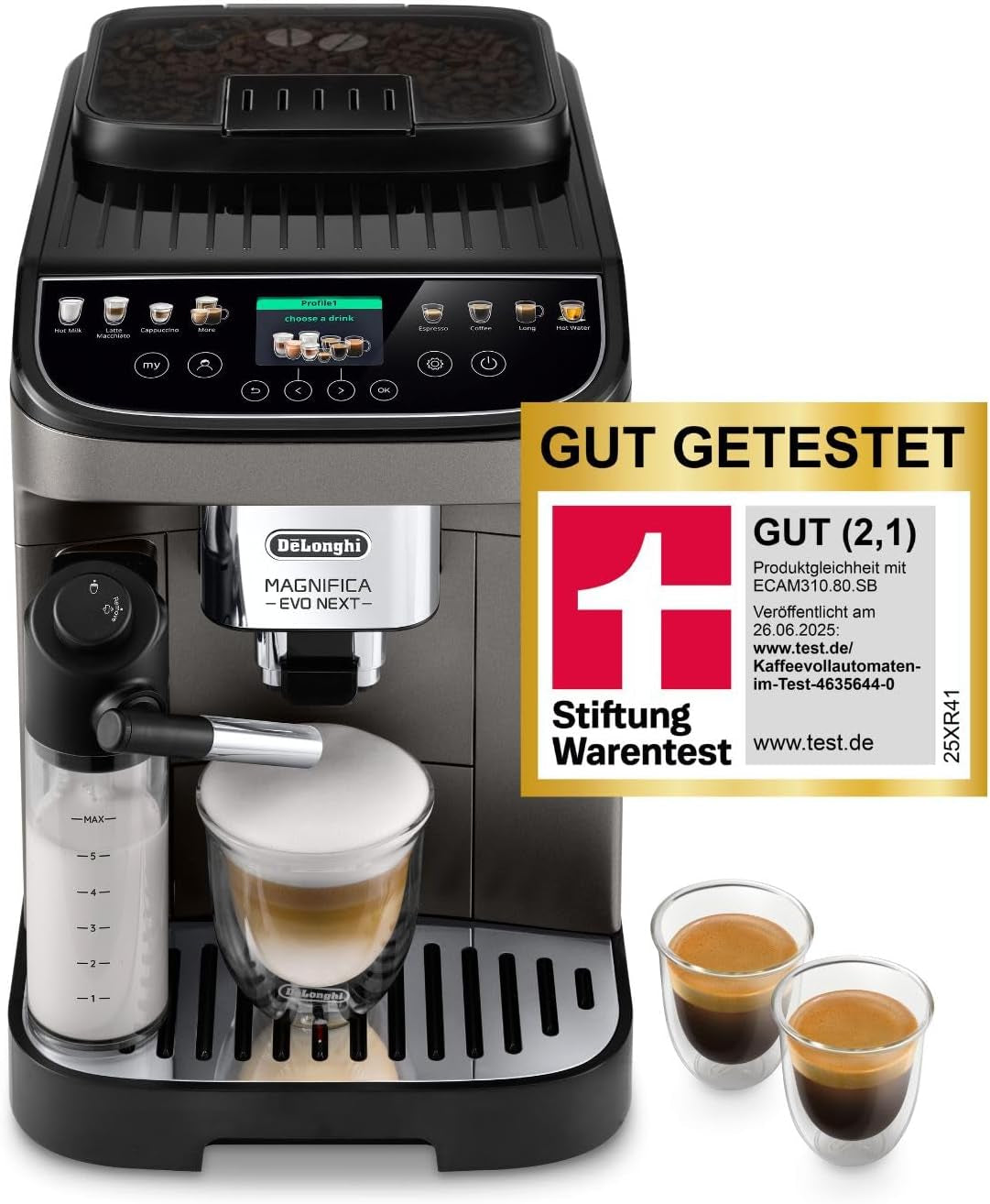 De'Longhi Magnifica Evo Next - W pełni automatyczny ekspres Perfetto ze spieniaczem do mleka LatteCrema, 13 napojów za jednym dotknięciem, ekspres do kawy i cappuccino, kolorowy ekran dotykowy, tytan (ECAM312.80.TB)