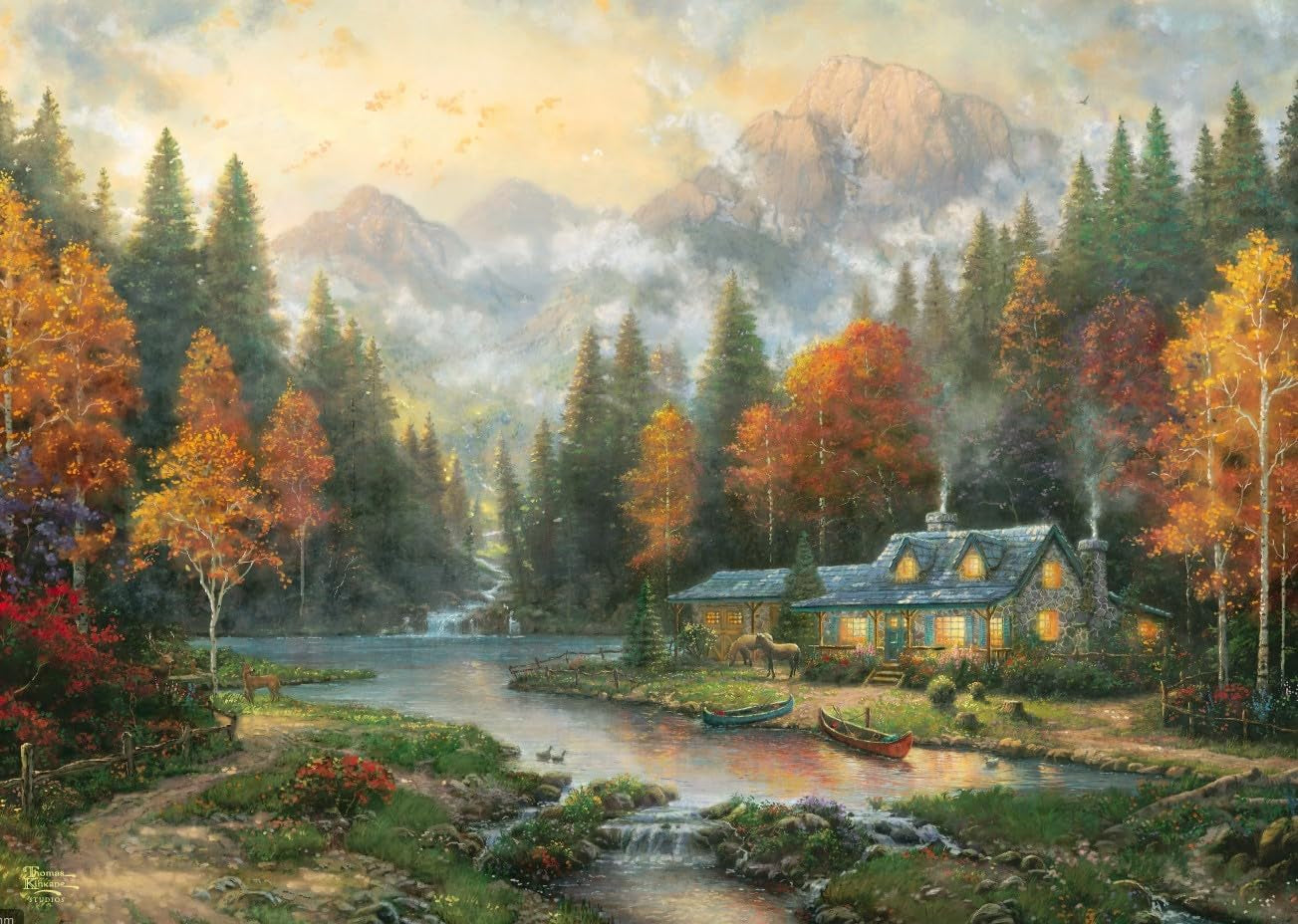 Schmidt Spiele 58784 Thomas Kinkade, Wieczór nad jesiennym jeziorem, układanka 1000 elementów, kolorowe Puzzle Naty Shop