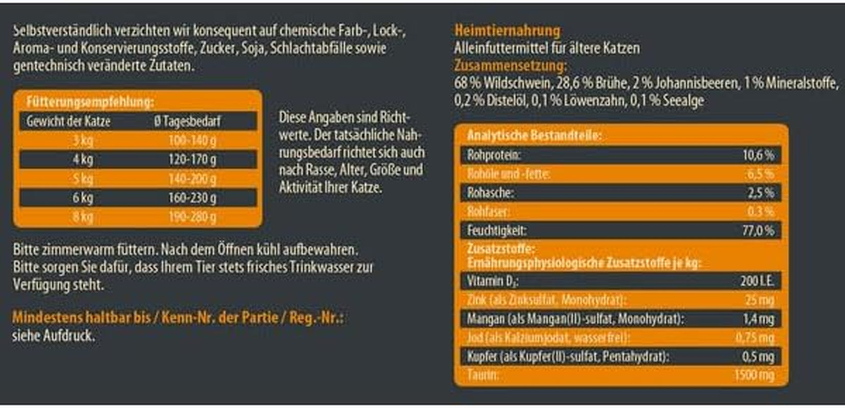 Dehner Wild Nature Katzenfutter Unterholz, Nassfutter getreidefrei / zuckerfrei, für ältere Katzen, Wildschwein, 6 x 400 g Dawka, (2,4 kg)