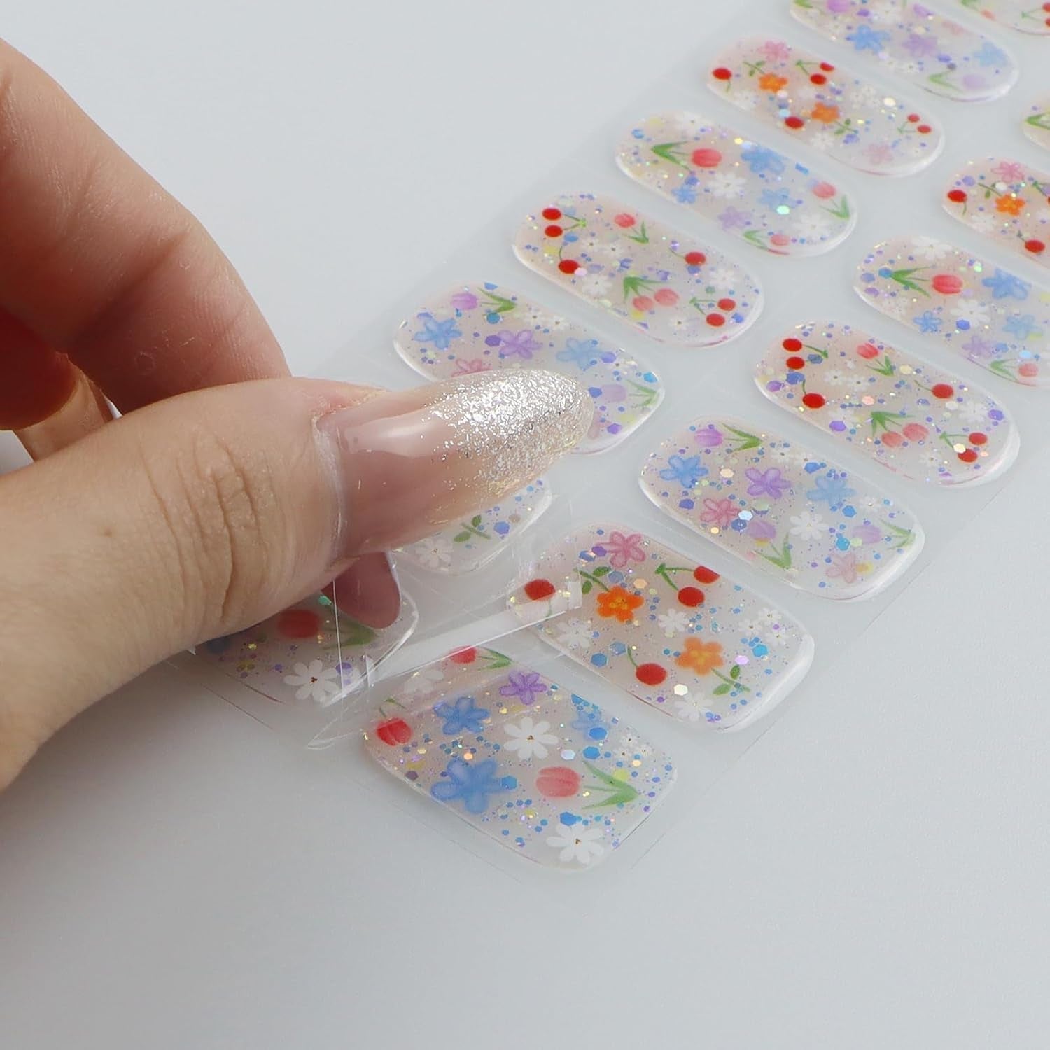 JMEOWIO Nagelfolie UV Härtend Bunter Blumenglitzer Żelowe paski do paznokci UV Nagelsticker Nagelaufkleber Nail Art Dekoration Nageldesign Zubehör