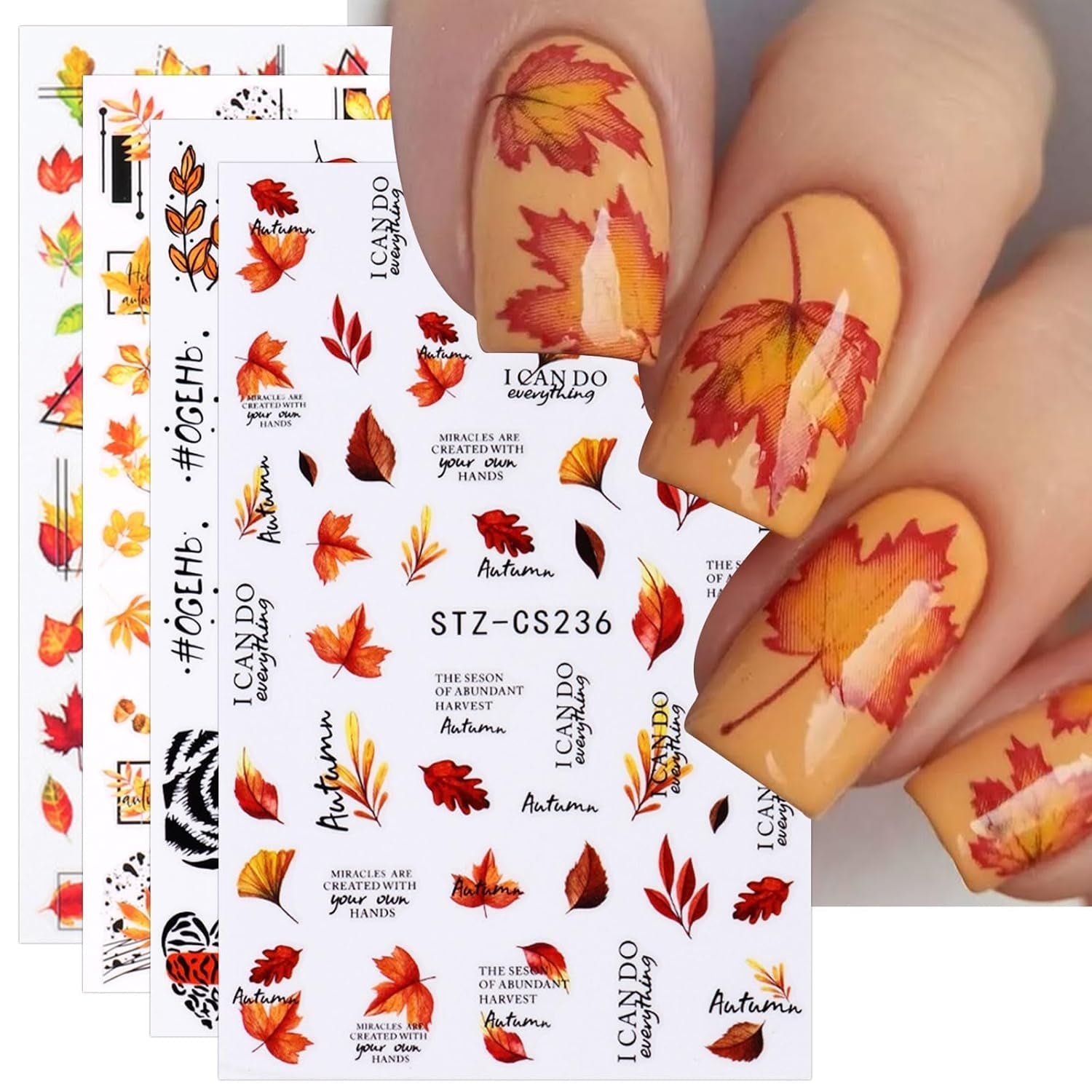 JMEOWIO Nagelsticker Herbst 9 Blatt Nail Art Naklejka Selbstklebend Nagelaufkleber Kürbis Ahornblatt Erntedankfest Dekoration Nageldesign Zubehör