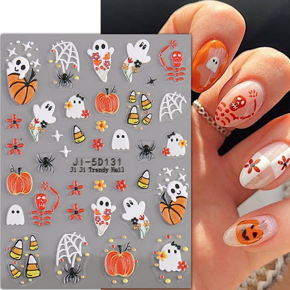 JMEOWIO 3D Nagelsticker Halloween Nail Art Naklejka Selbstklebend Nagelaufkleber 5D Stereoskopisch Süßer Geisterkürbis Dekoration Nageldesign Zubehör 4 Blatt