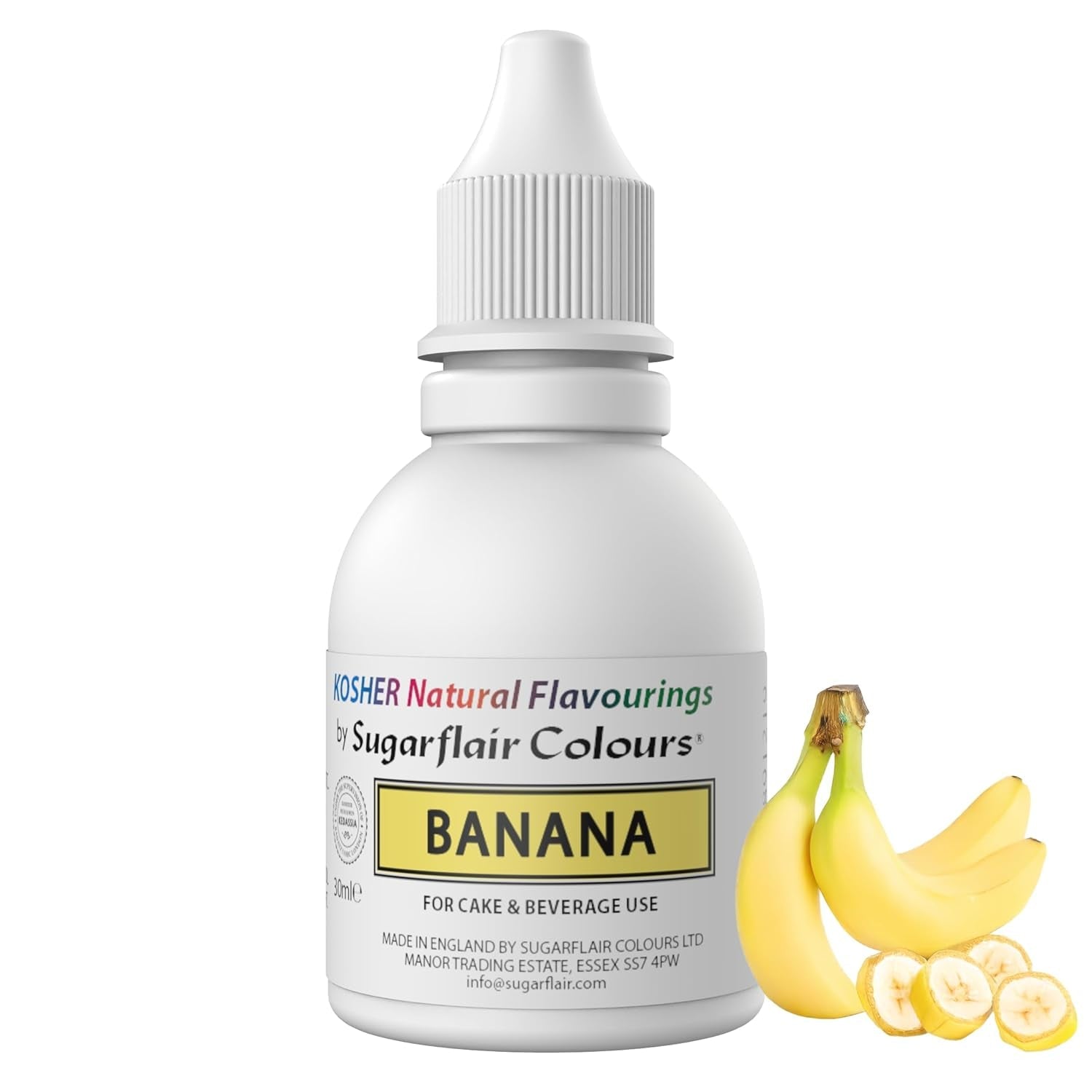 Sugarflair Kosher Banana Natural Food Aromat Intensywne krople smakowe do ciast, babeczek, polew, napojów, lodów - 100% naturalny aromat - 30ml