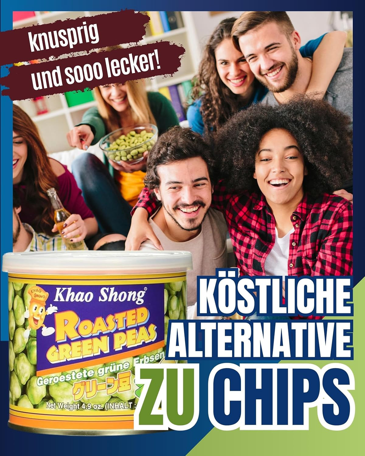 Khao Shong Smażony zielony groszek z wasabi, chrupiący groszek w pikantnej panierce, niskotłuszczowa alternatywa dla orzechów, średnio ostry, puszka 1 140 g | 140 g (1 opakowanie)