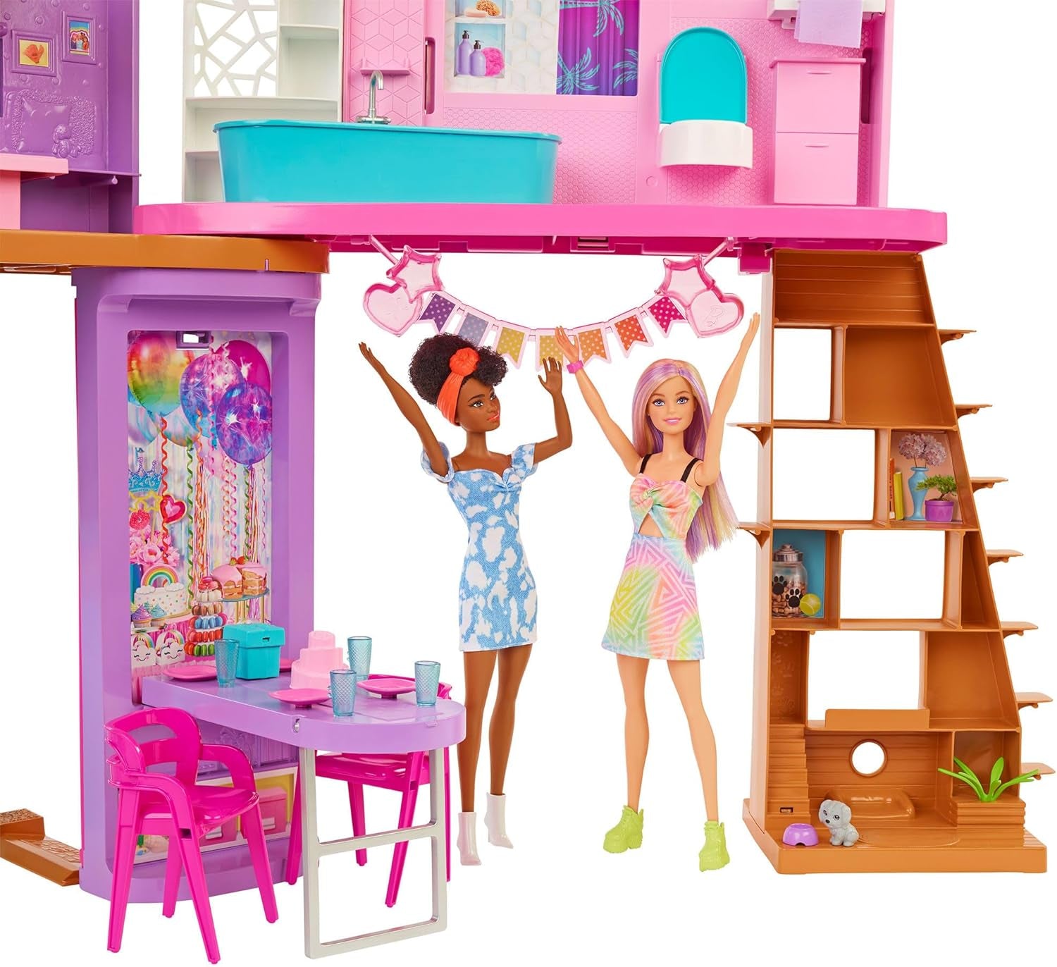 Domek wakacyjny Barbie (116 x 77,9 cm), 6-osobowy domek do zabawy, w pełni wyposażony w akcesoria, meble i windę, składany i do przechowywania, lalka, prezent dla dzieci w wieku 3 lat i starszych, HCD50