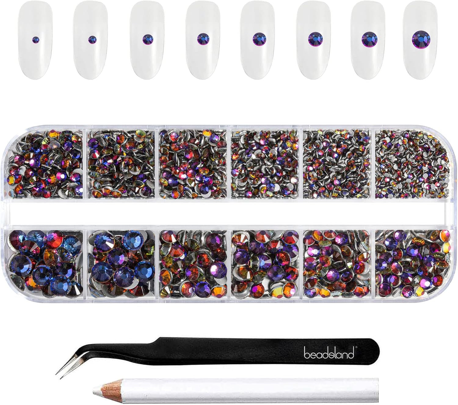 Beadsland 2500 szt. Glas Nailart Strasssteine ​​​​Kristall Flatback Edelsteine ​​​​Runde, ​​Für Handwerk Gemischt 8 Größen SS4 ~ SS30 Mit Picking Pinzette Und Stift (Kristall Weiss)