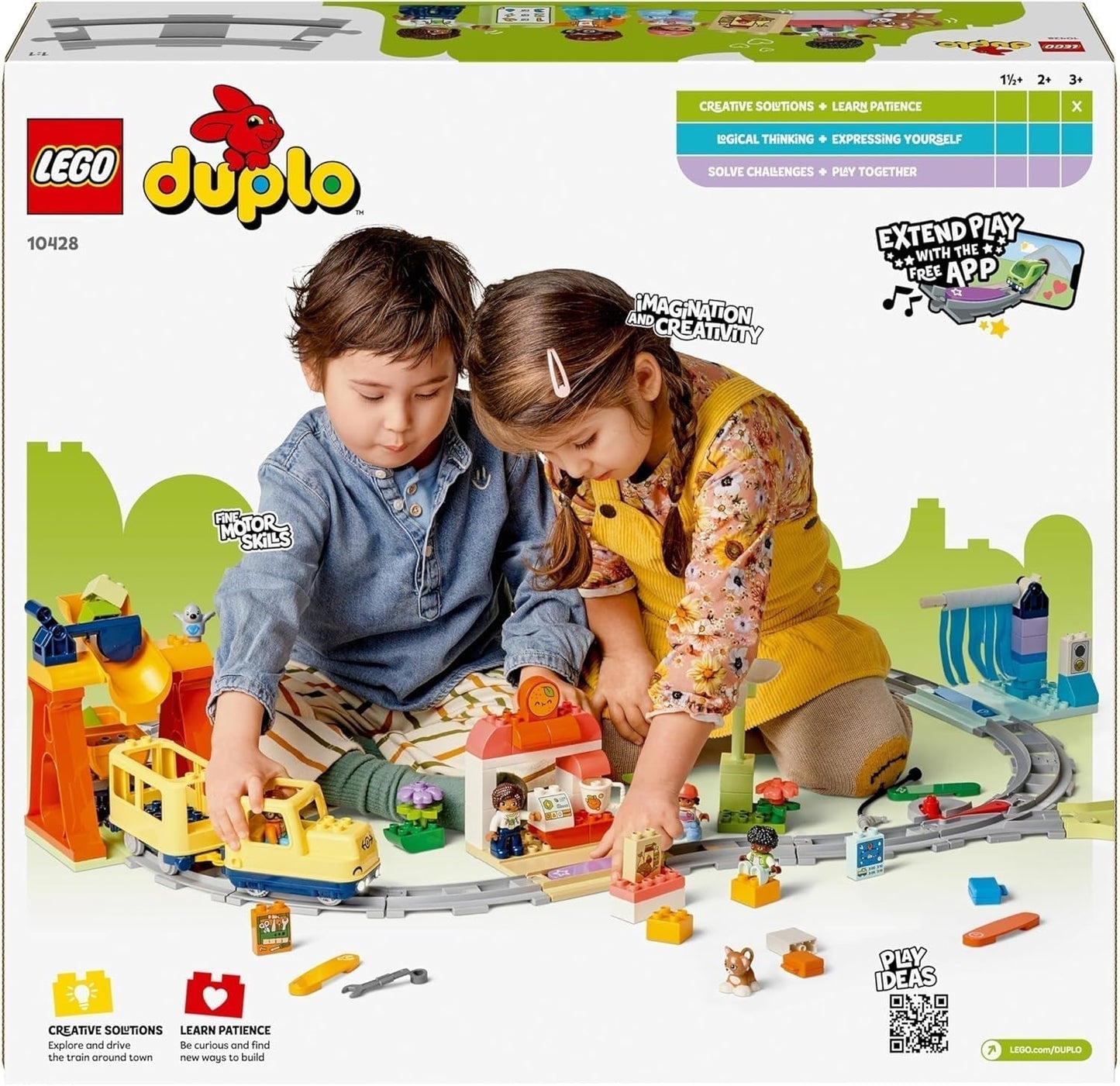 Duża interaktywna kolej miejska LEGO DUPLO, zabawka do budowania dla małych dzieci w wieku 3 lat, lokomotywa Push & Go ze światłami i dźwiękami, części torów, zabawka edukacyjna dla przedszkolaków 10428 Zestawy do budowania Beuche den LEGO-Store