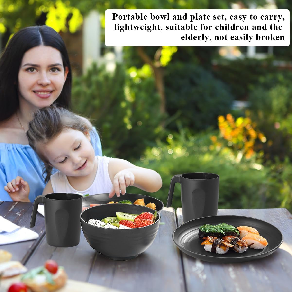Zestaw obiadowy Berglander z czarnego plastiku, 24 elementy, 6 talerzy i misek wielokrotnego użytku, w tym talerze obiadowe, talerze deserowe, miseczki na płatki i kubki do domu, ogrodu i pikników