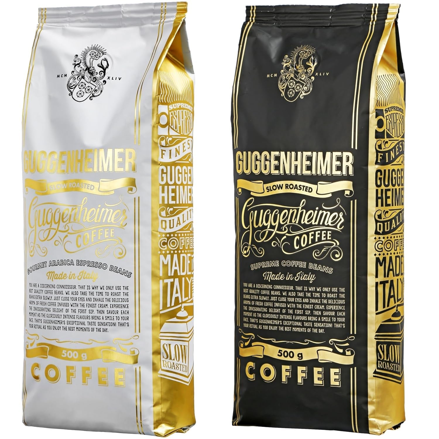 | Przykładowe opakowanie kawy ziarnistej 1 kg | Supreme 500g i Gourmet Arabica 500g | Niska kwasowość | Delikatny krem ​​| Najlepsze espresso do ekspresów w pełni automatycznych | Zestaw do degustacji kawy