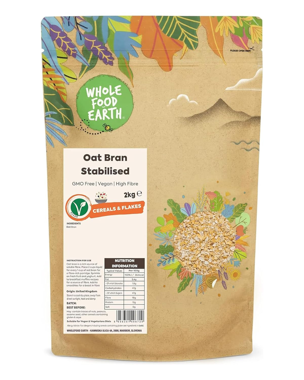 Wholefood Ziemia stabilizowana otręby owsiane 2 kg | Bez GMO | Bogaty w błonnik