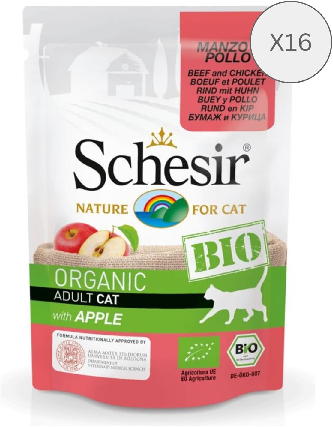 Cat Bio Adult z wołowiną i kurczakiem z jabłkiem, mokra karma dla kotów, 16 saszetek x 85g