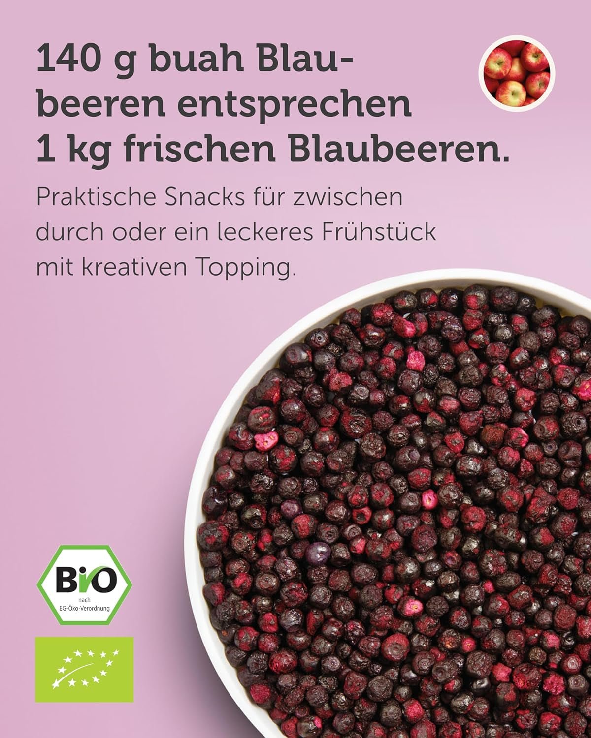 Borówki liofilizowane organiczne BUAH® | Borówki liofilizowane organiczne bez dodatku cukru | 100% owoców liofilizowanych (wegańskie, bezglutenowe, bez laktozy) | Idealna przekąska (140g) Naty Shop produkty suszone