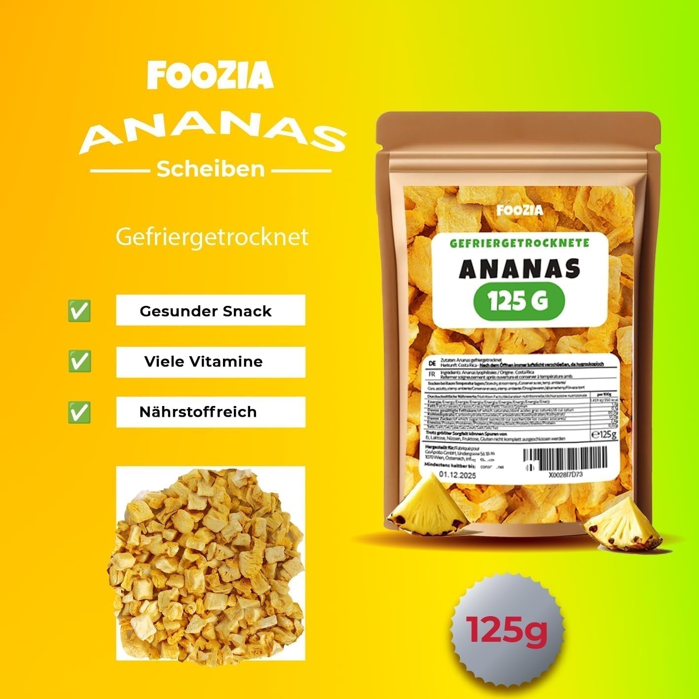 Ananas liofilizowany 125g duże kawałki, Owoce liofilizowane bez dodatków 100% czysta - Naturalne suszone owoce - Ananas suszony, suszone owoce od Foozia Produkty odwodnione Naty Shop