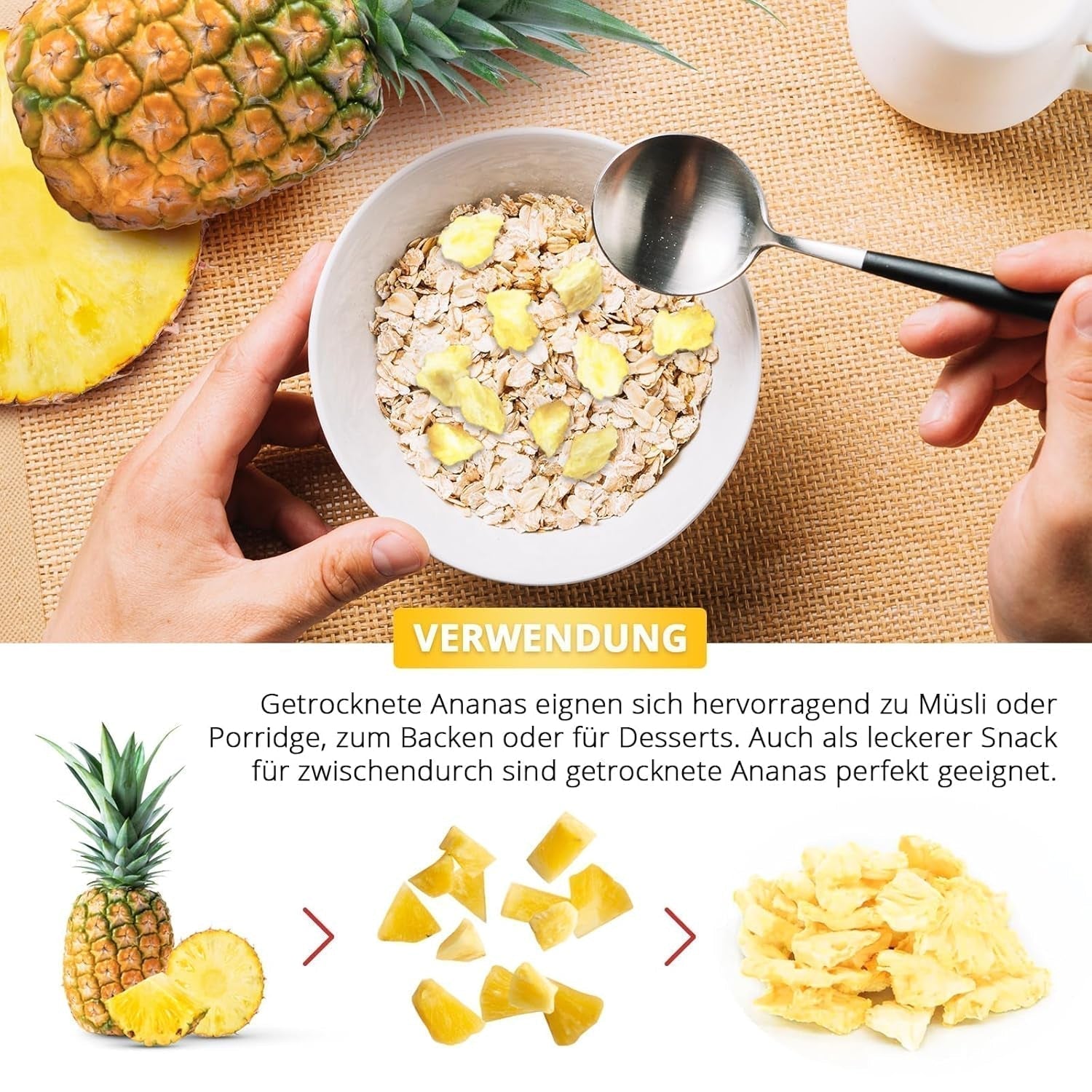 Ananas liofilizowany 250g, duże kawałki, owoce liofilizowane w plasterkach, niesłodzone, owocowe kawałki ananasa, ananas suszony Produkty suszone Naty Shop