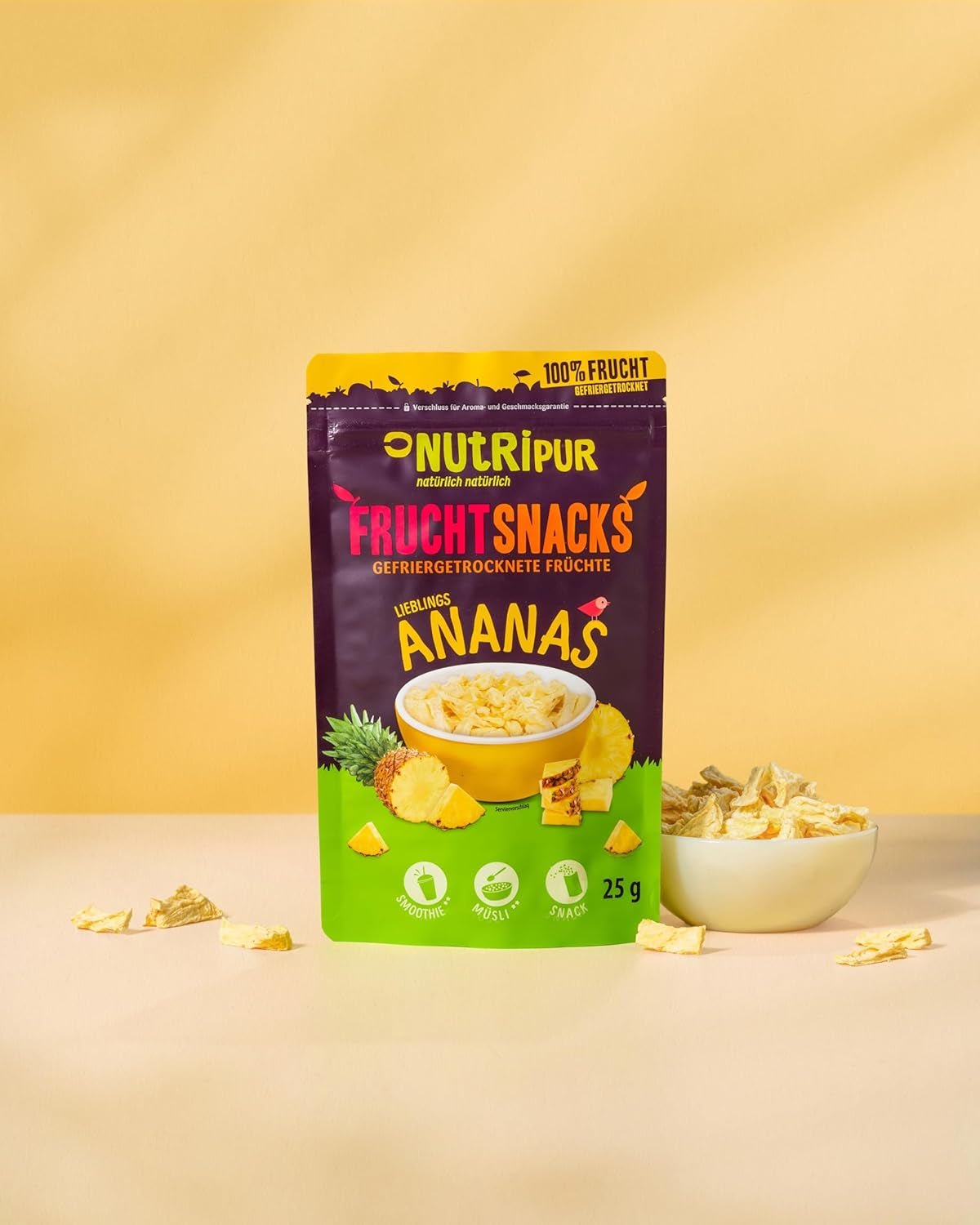 Ananas liofilizowany BITS 100g duże kawałki do smoothie, musli, polewy do owsianki - owoce liofilizowane bez dodatku cukru - ananas suszony - owoce od NutriPur Produkty odwodnione Naty Shop