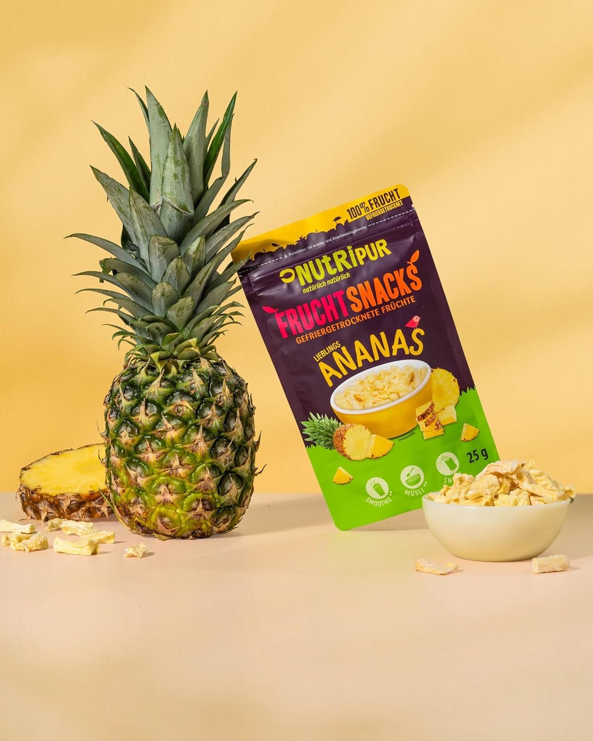 Ananas liofilizowany BITS 100g duże kawałki do smoothie, musli, polewy do owsianki - owoce liofilizowane bez dodatku cukru - ananas suszony - owoce od NutriPur Produkty odwodnione Naty Shop