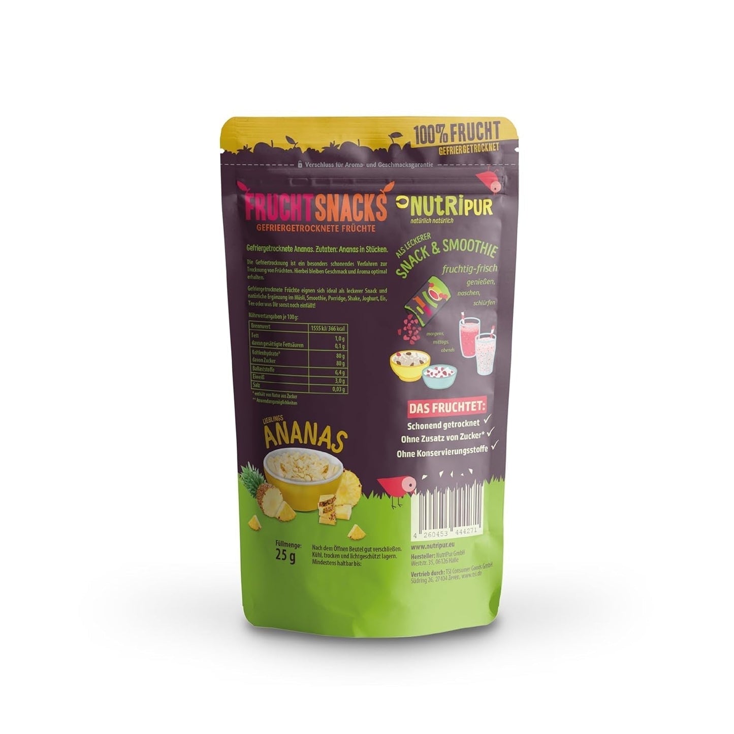 Ananas liofilizowany BITS 100g duże kawałki do smoothie, musli, polewy do owsianki - owoce liofilizowane bez dodatku cukru - ananas suszony - owoce od NutriPur Produkty odwodnione Naty Shop