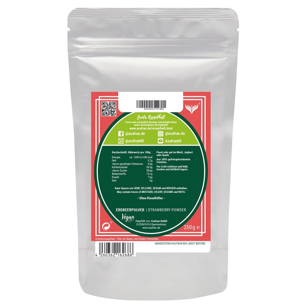 Truskawka Azafran w proszku, truskawki liofilizowane (mielone), truskawka w proszku 250g Produkty suszone Naty Shop