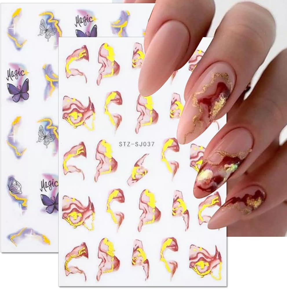 6 Blatt 3D Lila Schmetterling Nagelstickers Selbstklebend Nagelaufkleber Schmetterlinge Naklejka na paznokcie Bunte Blühen Marmor Nagel Naklejki Regenbogen Welle Linien Nail Art Aufkleber Nageldesign Zubehör