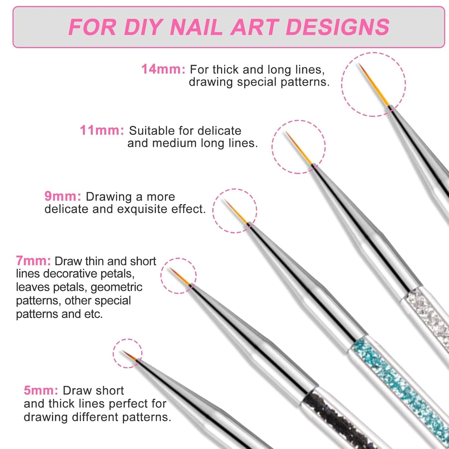 Sularpek Pinsel do zdobienia paznokci, 5 Stück Nageldesign Pinsel, Narzędzia do rozsiania paznokci, Nail Art Liner-Pinsel, Zum Herstellen Von Nagellack, Punktieren, Feinmalerei, DIY