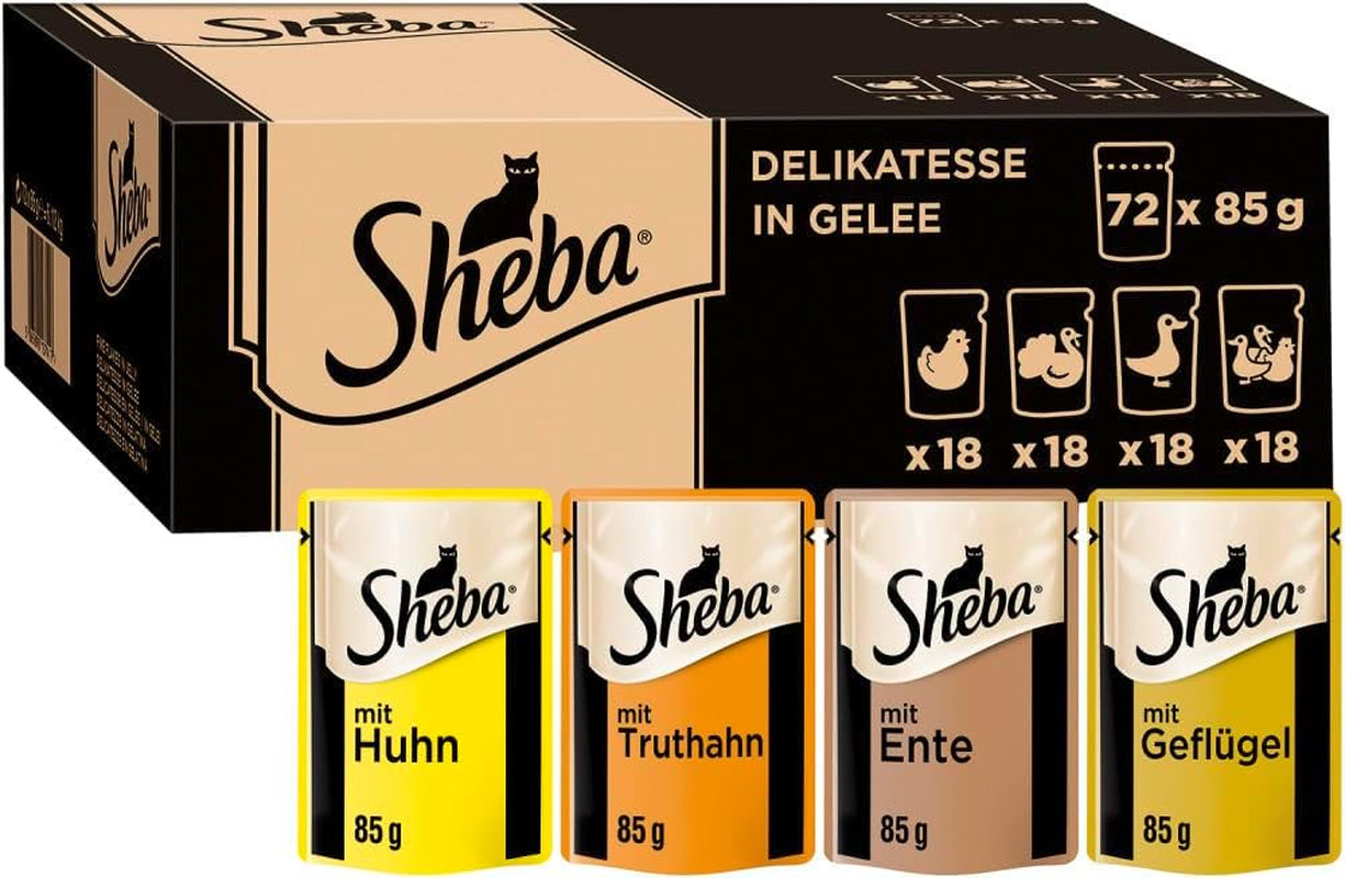 SHEBA Mokra karma dla kotów - 72 saszetki x 85g - Odmiana dla drobiu w galarecie - Mokra karma dla kotów - 1 duże opakowanie
