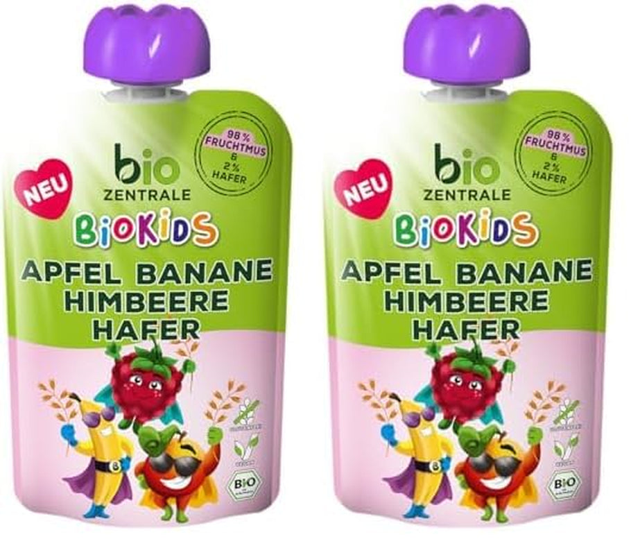 biocentral BioKids Przecier owocowy Jabłko Banan Malina Owies | 12x90g | Owocowa przekąska bez dodatku cukru | Wegańskie (opakowanie 2 szt.)